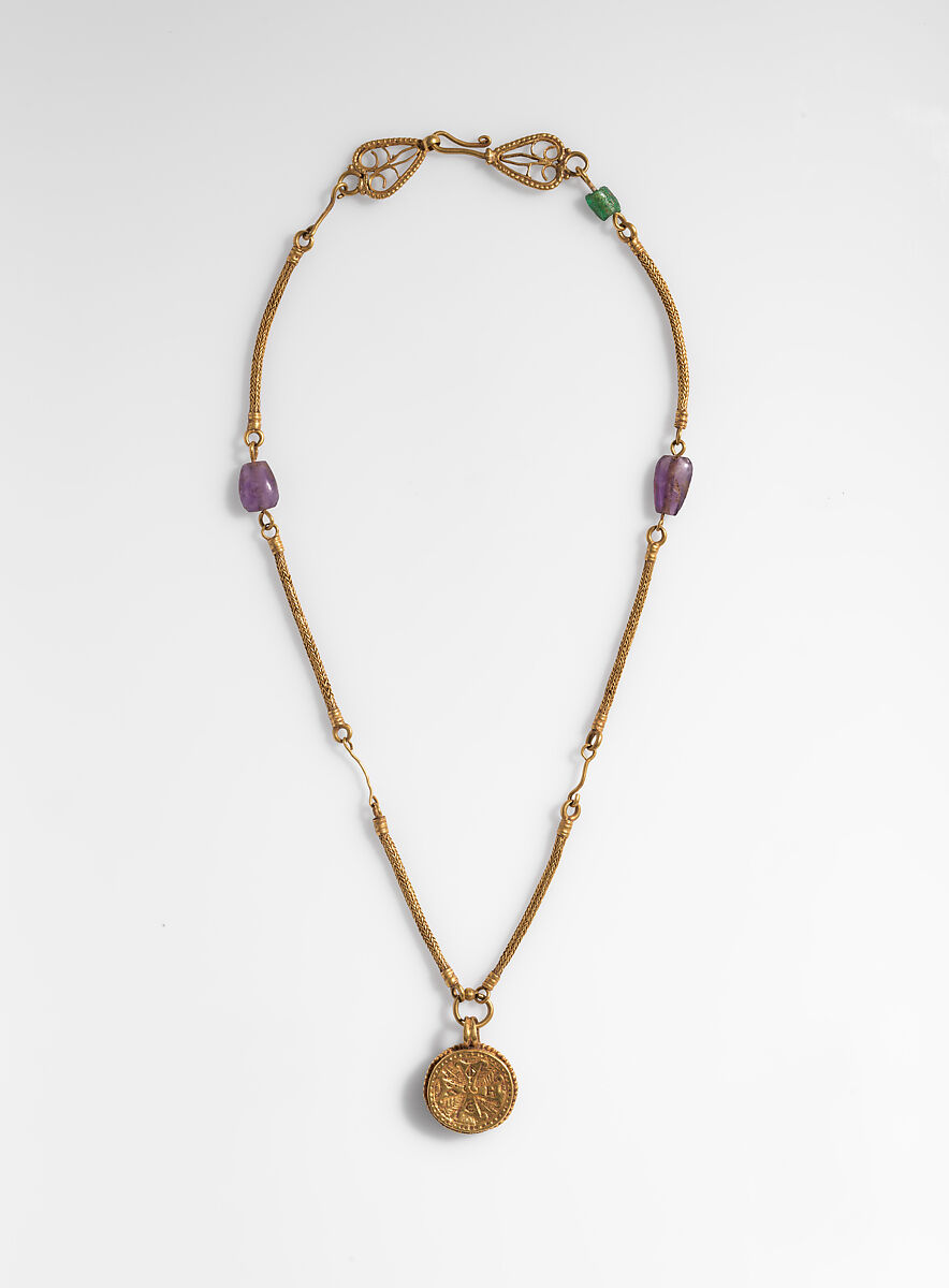 Gold Necklace with Gold Cross, Two Amethysts, and an Emerald Plasma, Gold, amethyst, emerald plasma, Byzantine 