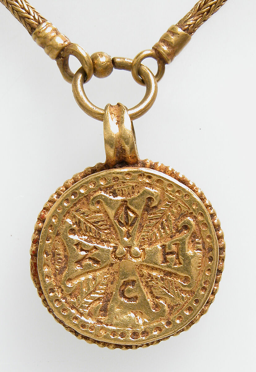 Gold Necklace with Gold Cross, Two Amethysts, and an Emerald Plasma, Gold, amethyst, emerald plasma, Byzantine