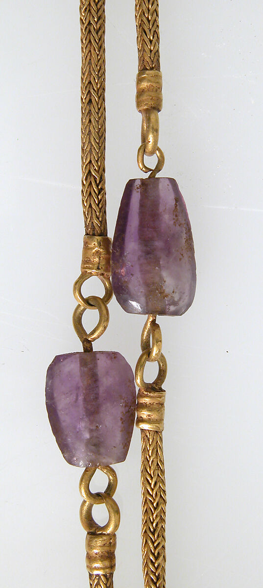 Gold Necklace with Gold Cross, Two Amethysts, and an Emerald Plasma, Gold, amethyst, emerald plasma, Byzantine