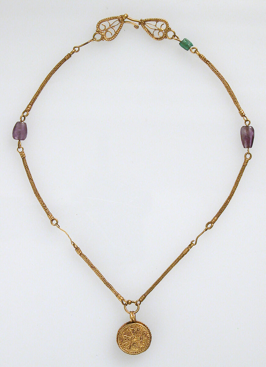 Gold Necklace with Gold Cross, Two Amethysts, and an Emerald Plasma, Gold, amethyst, emerald plasma, Byzantine