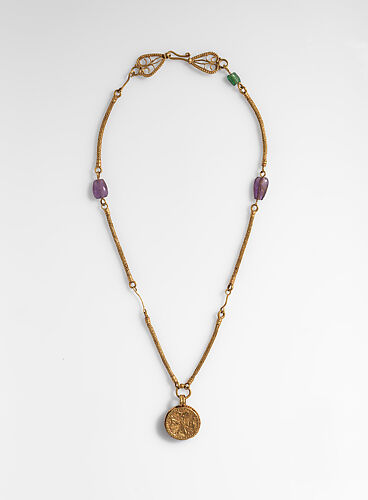 Gold Necklace with Gold Cross, Two Amethysts, and an Emerald Plasma