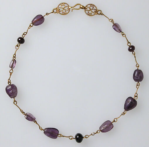 Gold Necklace with Amethysts, Glass Beads, and a Pearl