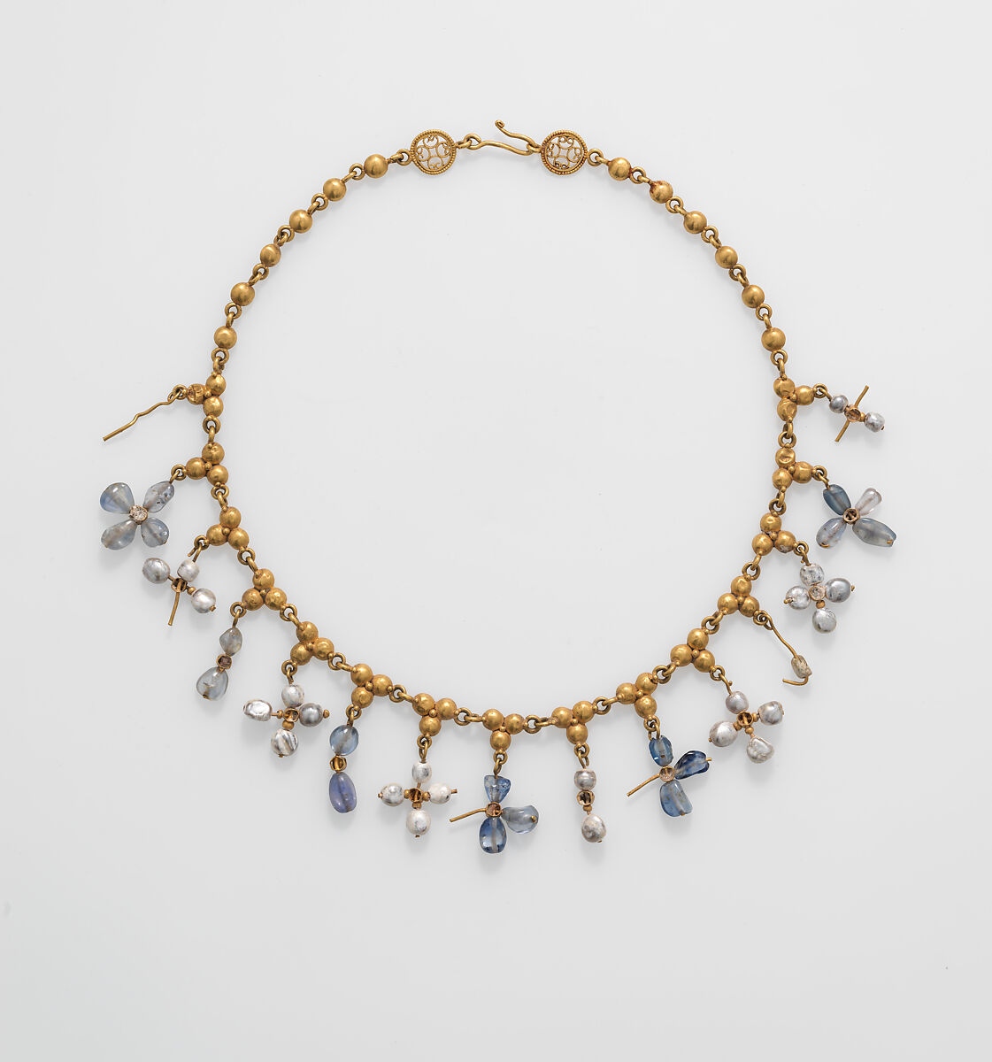 Necklace with Pendant Crosses, Gold, pearl sapphire, smokey quartz, quartz, Byzantine