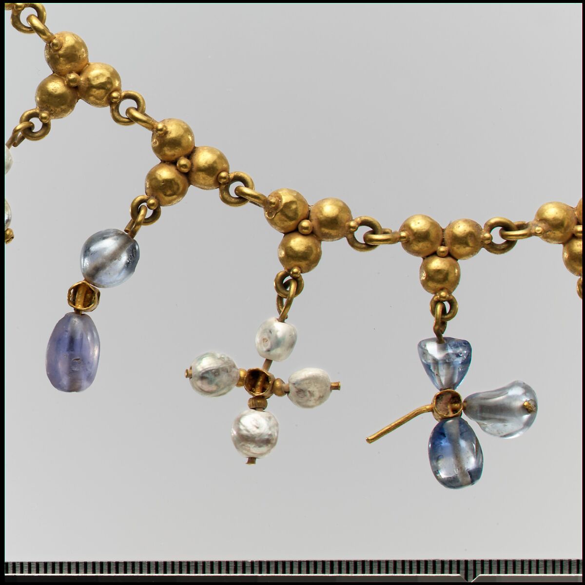 Necklace with Pendant Crosses, Gold, pearl sapphire, smokey quartz, quartz, Byzantine