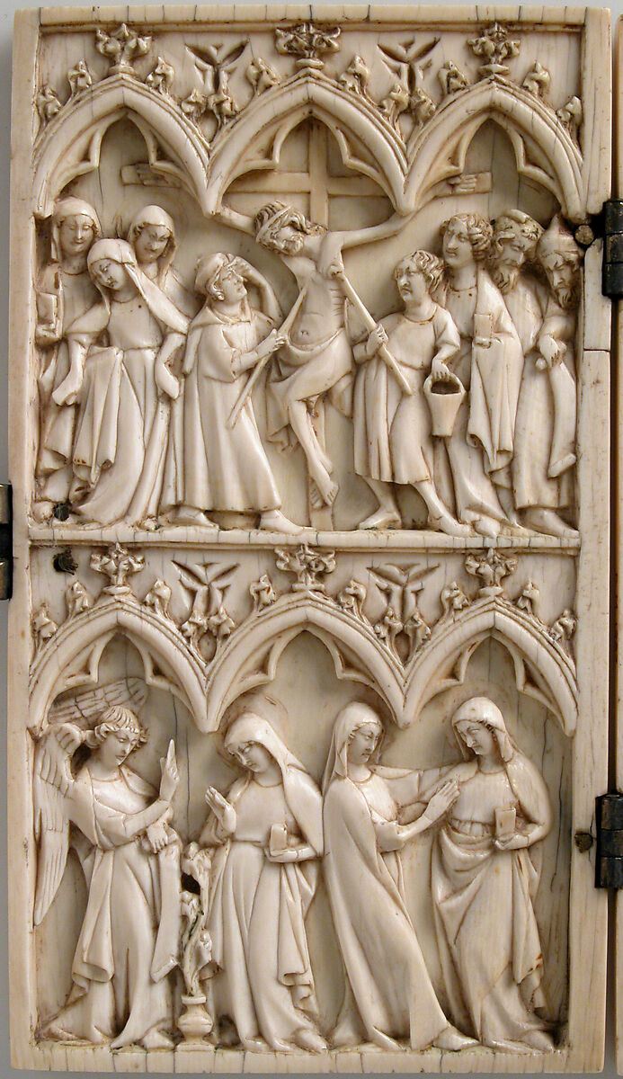 Diptych with Annunciation, Visitation, Nativity, Crucifixion, and Coronation of the Virgin, Elephant ivory with metal mounts, French