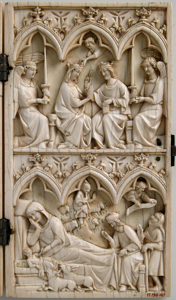Diptych with Annunciation, Visitation, Nativity, Crucifixion, and Coronation of the Virgin, Elephant ivory with metal mounts, French