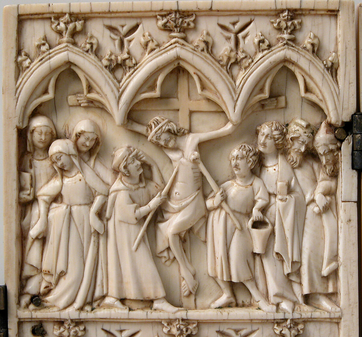Diptych with Annunciation, Visitation, Nativity, Crucifixion, and Coronation of the Virgin, Elephant ivory with metal mounts, French