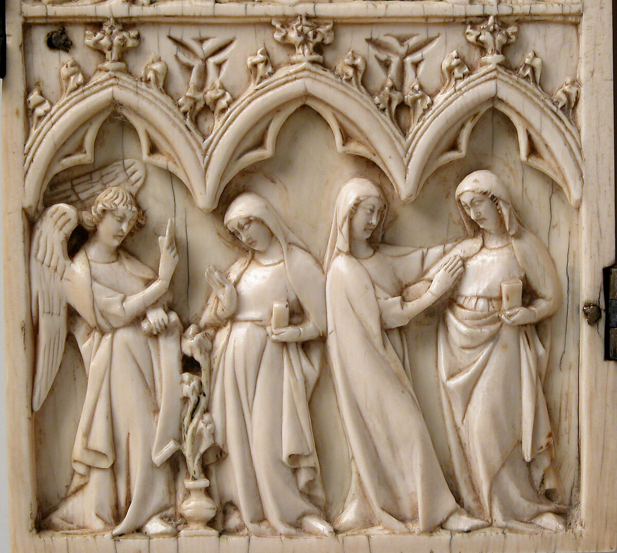 Diptych with Annunciation, Visitation, Nativity, Crucifixion, and Coronation of the Virgin, Elephant ivory with metal mounts, French
