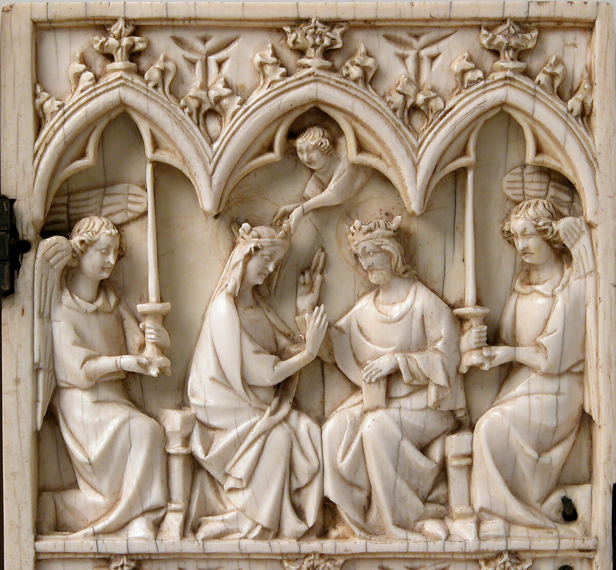 Diptych with Annunciation, Visitation, Nativity, Crucifixion, and Coronation of the Virgin, Elephant ivory with metal mounts, French