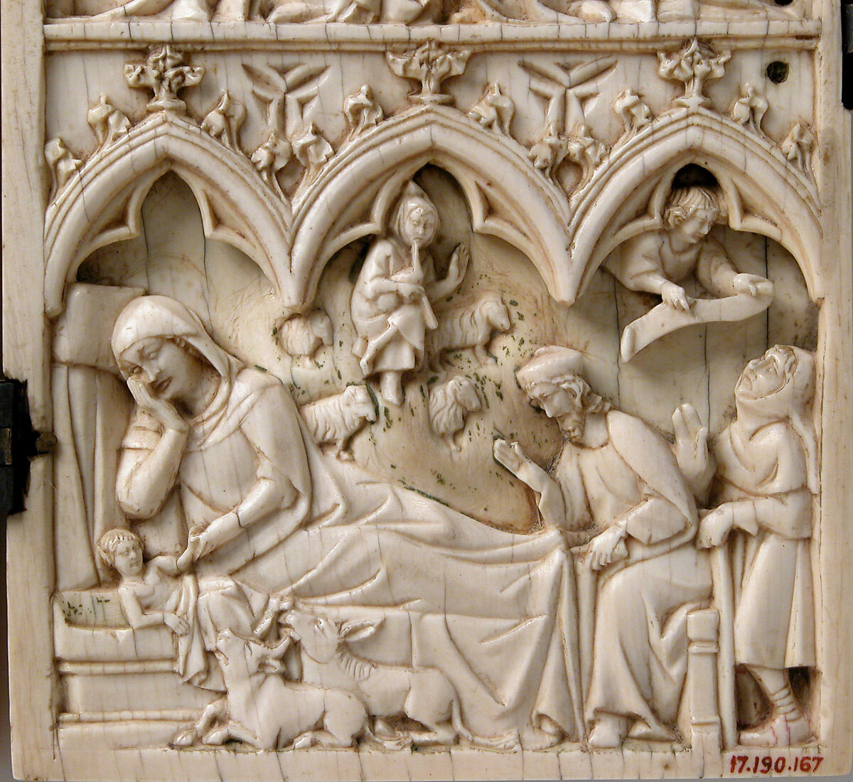 Diptych with Annunciation, Visitation, Nativity, Crucifixion, and Coronation of the Virgin, Elephant ivory with metal mounts, French