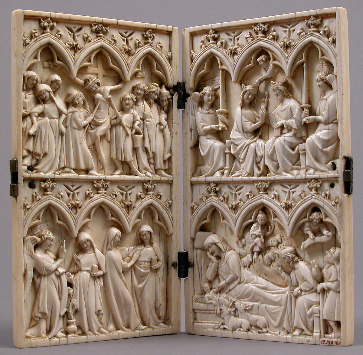 Diptych with Annunciation, Visitation, Nativity, Crucifixion, and Coronation of the Virgin, Elephant ivory with metal mounts, French 