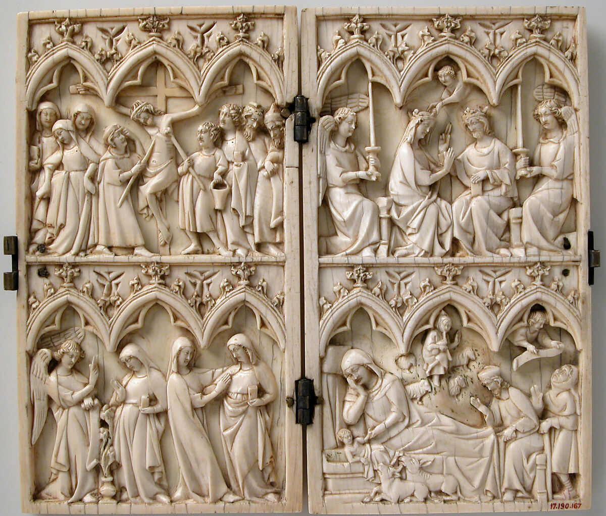 Diptych with Annunciation, Visitation, Nativity, Crucifixion, and Coronation of the Virgin, Elephant ivory with metal mounts, French