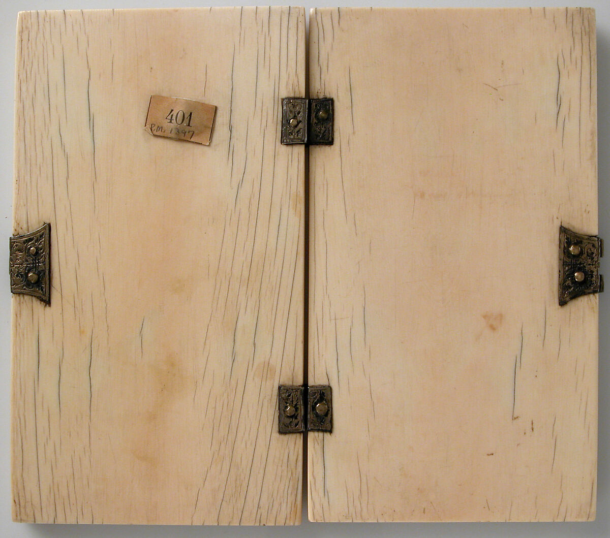 Diptych with Annunciation, Visitation, Nativity, Crucifixion, and Coronation of the Virgin, Elephant ivory with metal mounts, French