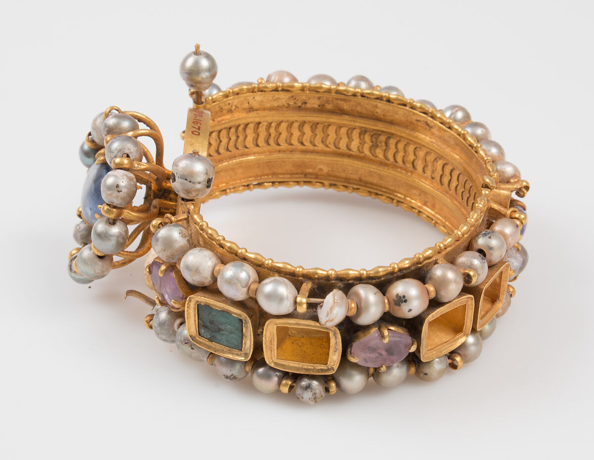 Jeweled Bracelet, Gold, silver, pearl, amethyst, sapphire, opal, glass, quartz, emerald plasma, Byzantine 