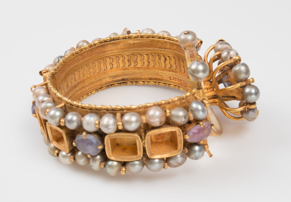 Jeweled Bracelet (one of pair), Gold, silver, pearl, amethyst, sapphire, opal, glass, quartz, emerald plasma, Byzantine