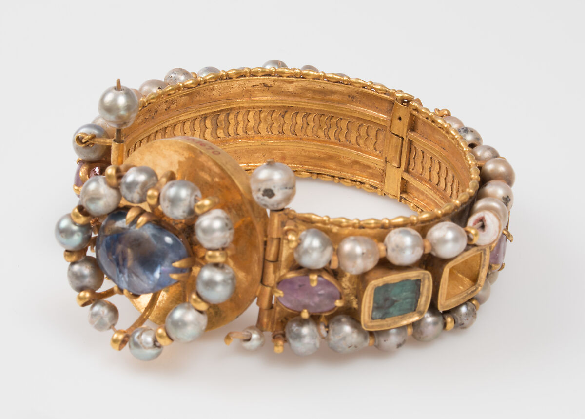 Jeweled Bracelet (one of pair), Gold, silver, pearl, amethyst, sapphire, opal, glass, quartz, emerald plasma, Byzantine