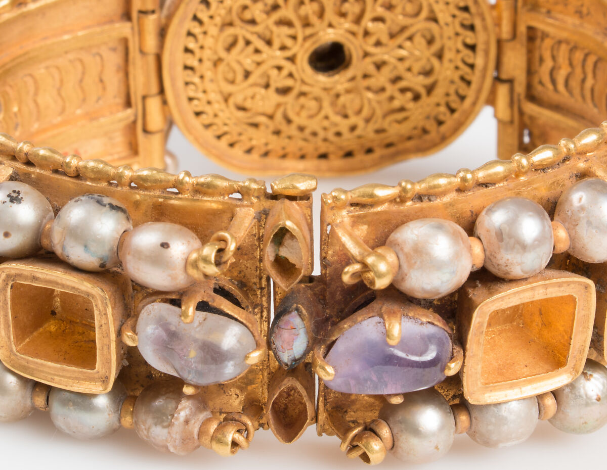Jeweled Bracelet (one of pair), Gold, silver, pearl, amethyst, sapphire, opal, glass, quartz, emerald plasma, Byzantine