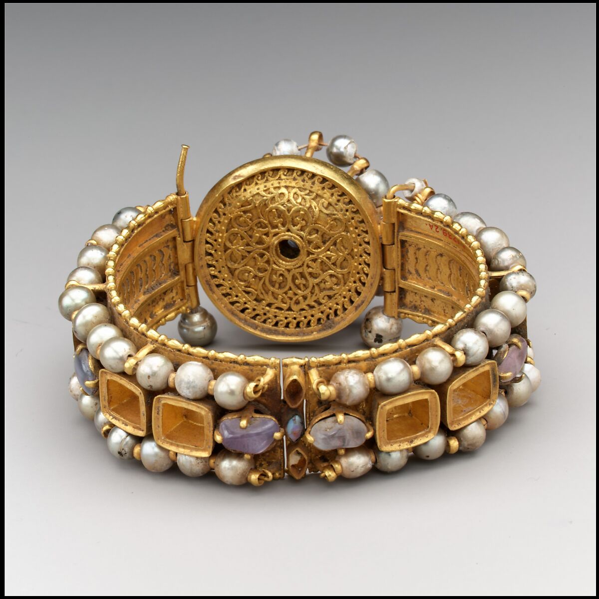 Jeweled Bracelet (one of pair), Gold, silver, pearl, amethyst, sapphire, opal, glass, quartz, emerald plasma, Byzantine