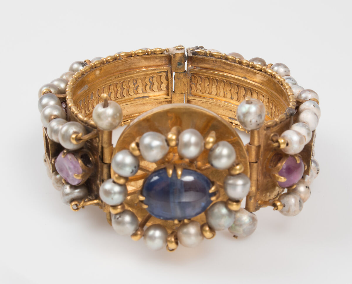 Jeweled Bracelet (one of pair), Gold, silver, pearls, amethyst, sapphire, glass, quartz, Byzantine