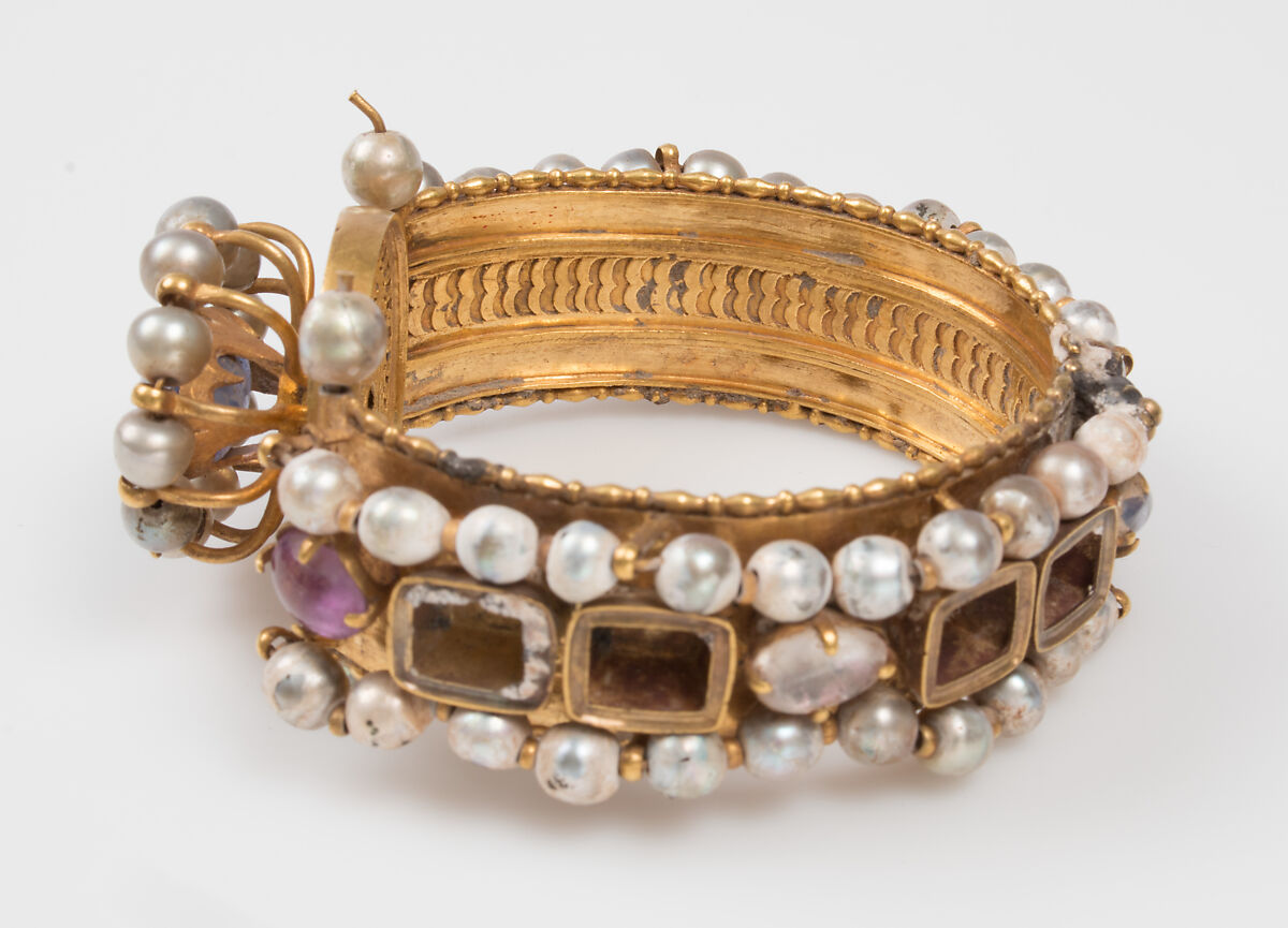 Jeweled Bracelet (one of pair), Gold, silver, pearls, amethyst, sapphire, glass, quartz, Byzantine