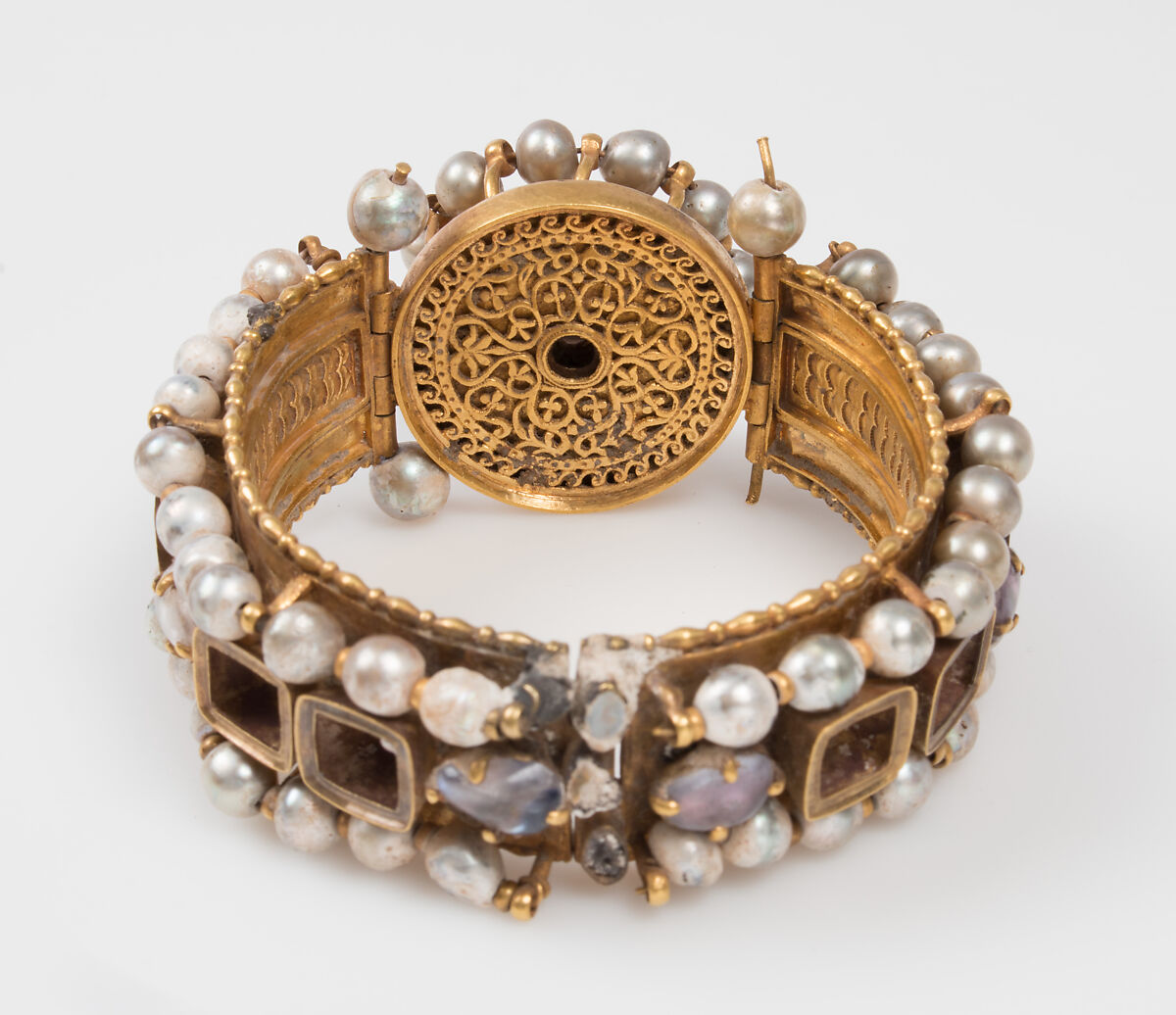 Jeweled Bracelet (one of pair), Gold, silver, pearls, amethyst, sapphire, glass, quartz, Byzantine