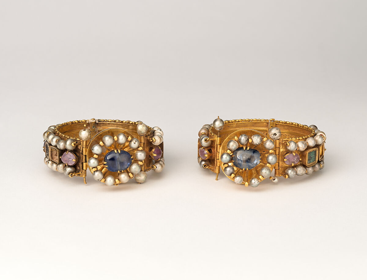 Jeweled Bracelet (one of pair), Gold, silver, pearls, amethyst, sapphire, glass, quartz, Byzantine