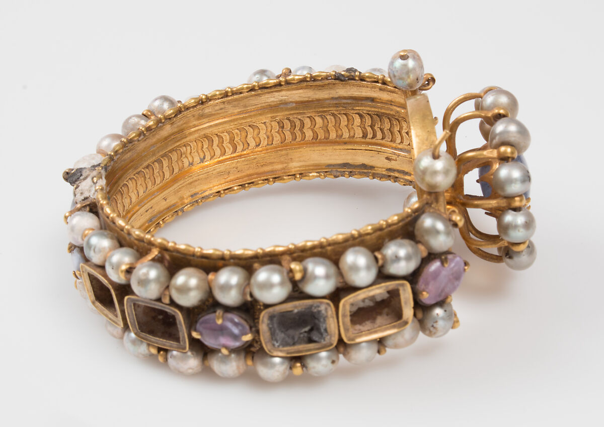 Jeweled Bracelet (one of pair), Gold, silver, pearls, amethyst, sapphire, glass, quartz, Byzantine