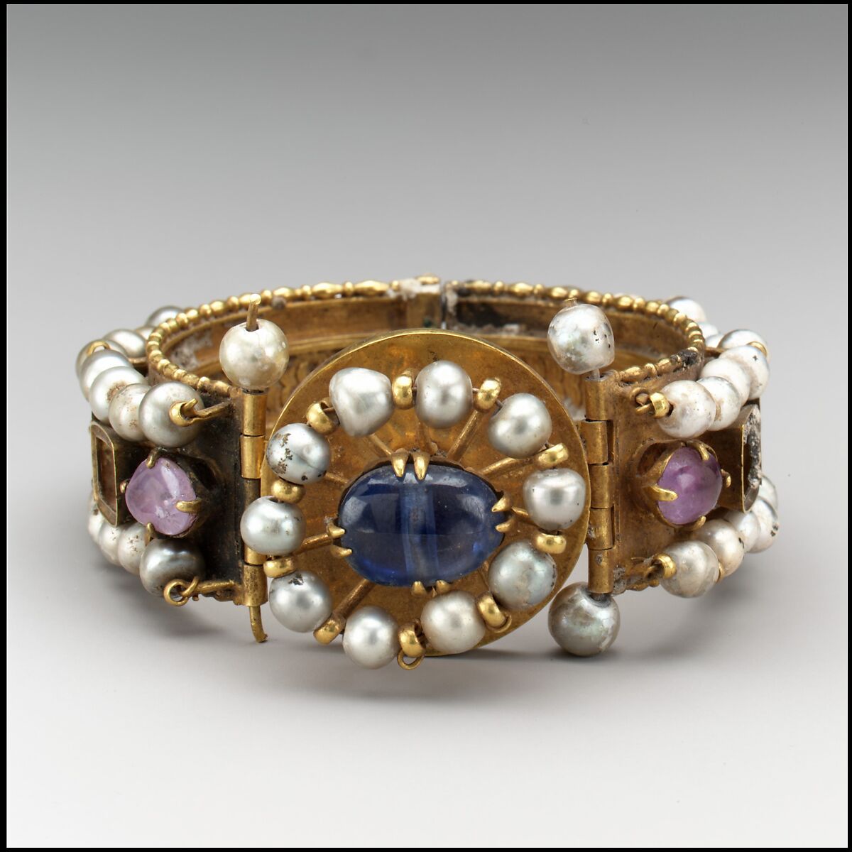 Jeweled Bracelet (one of pair), Gold, silver, pearls, amethyst, sapphire, glass, quartz, Byzantine