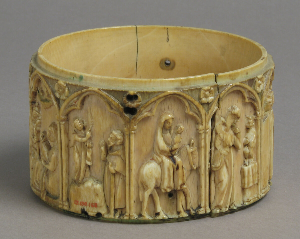 Circular Box (Pyxis) with Scenes from the Infancy of Jesus, Elephant ivory with traces of polychromy, French