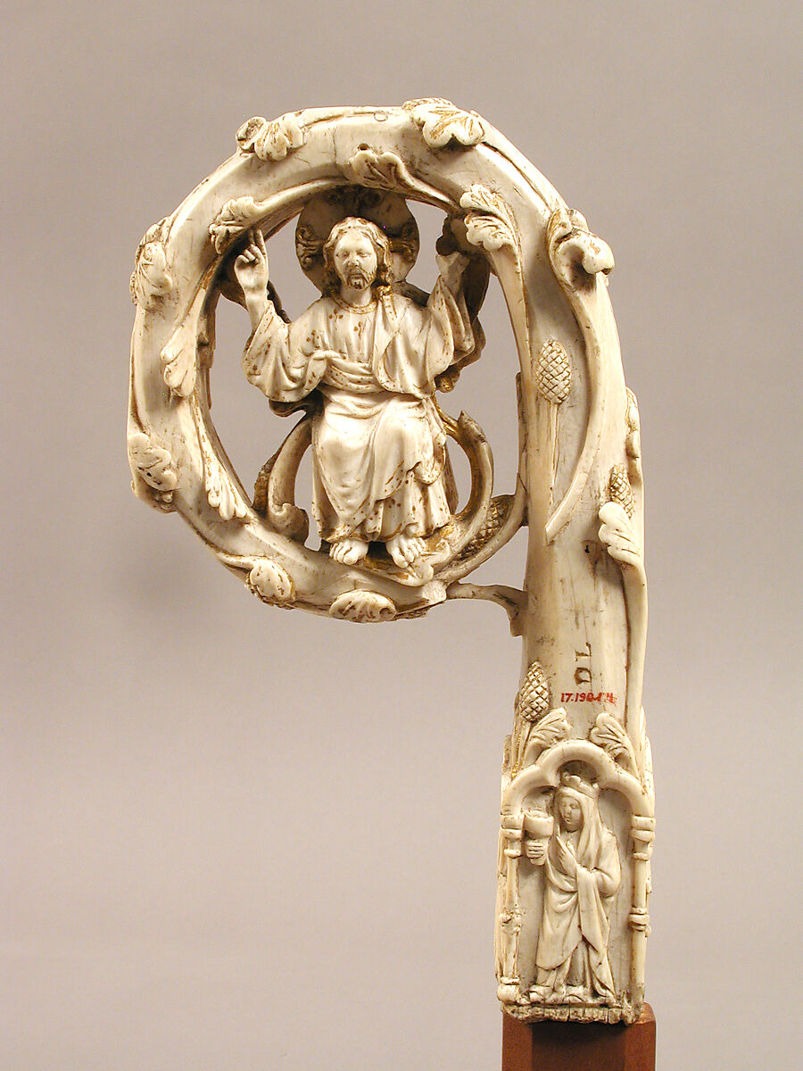 Crozier Head with Double Enthroned Christ, Elephant ivory with traces of modern paint and gilding, Italian