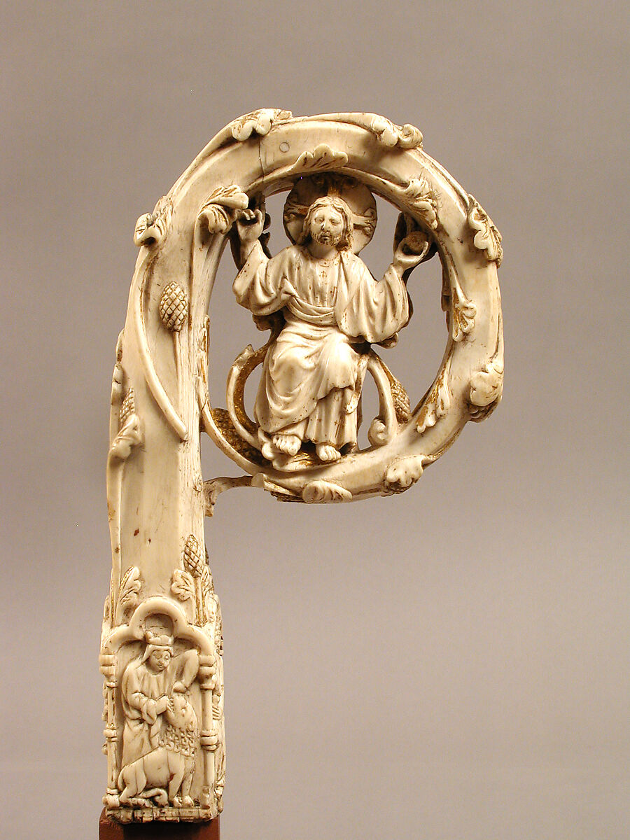 Crozier Head with Double Enthroned Christ, Elephant ivory with traces of modern paint and gilding, Italian