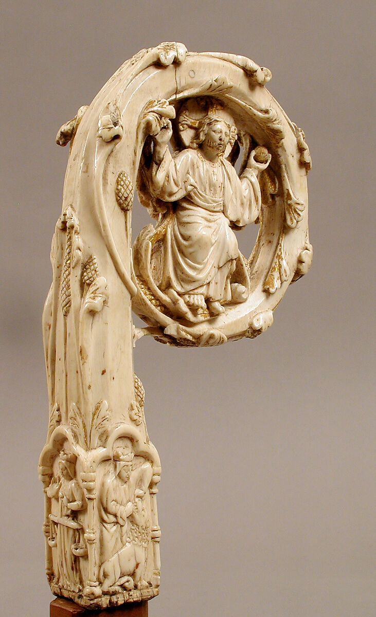 Crozier Head with Double Enthroned Christ, Elephant ivory with traces of modern paint and gilding, Italian