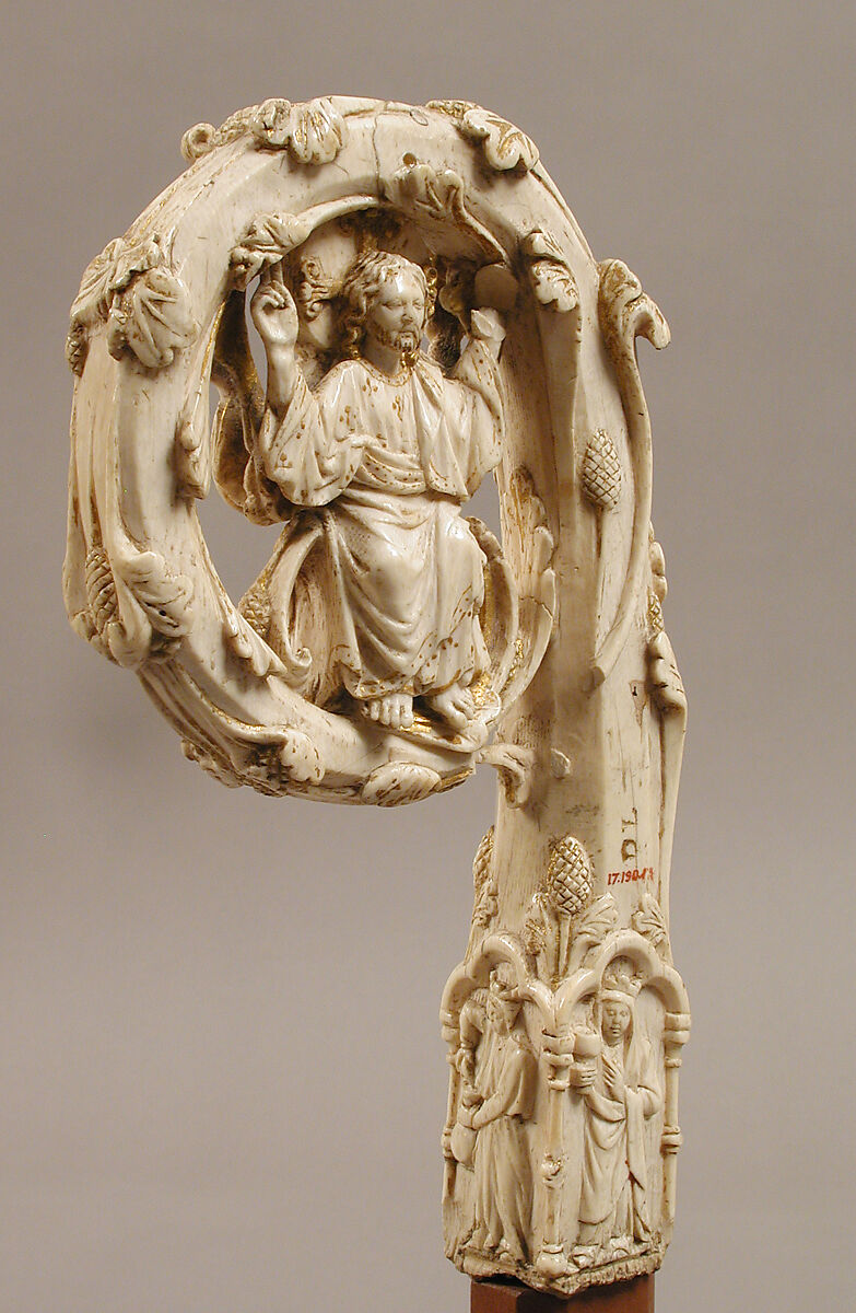 Crozier Head with Double Enthroned Christ, Elephant ivory with traces of modern paint and gilding, Italian 