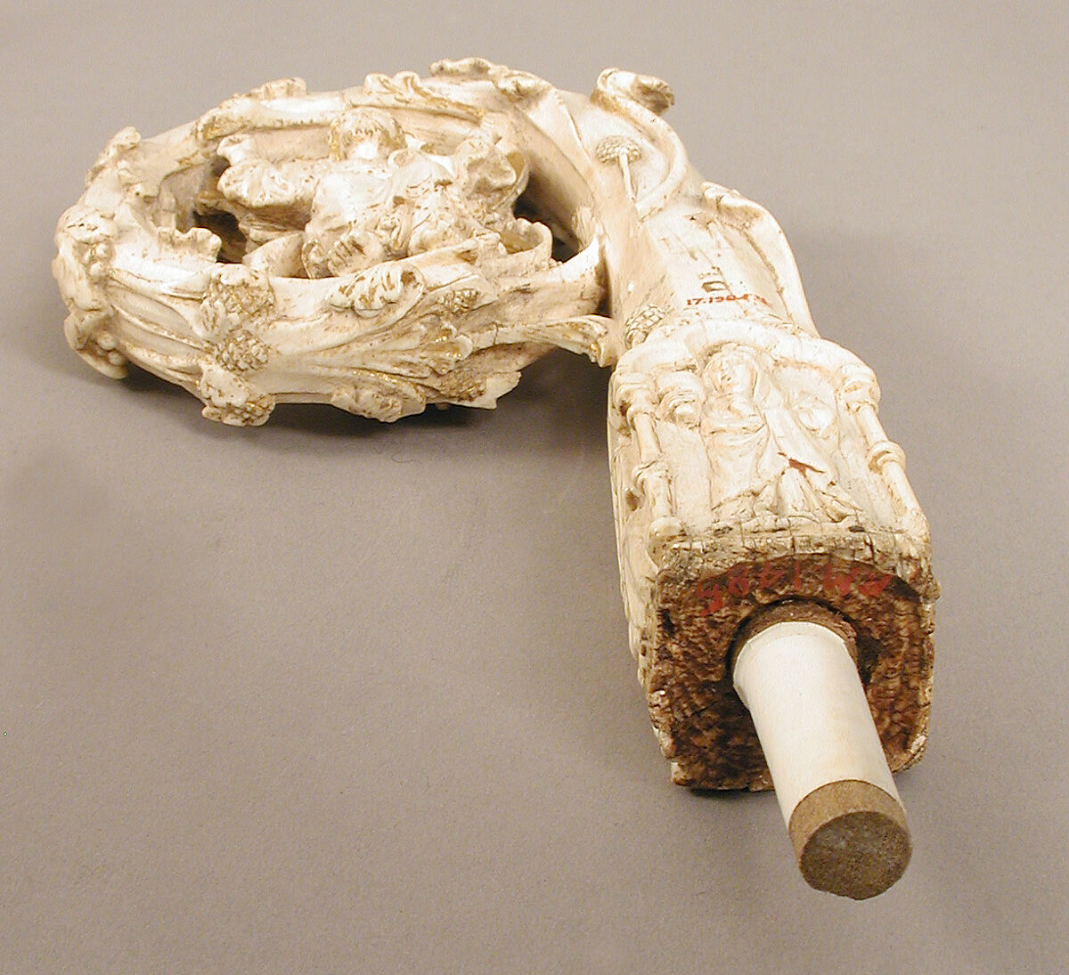 Crozier Head with Double Enthroned Christ, Elephant ivory with traces of modern paint and gilding, Italian