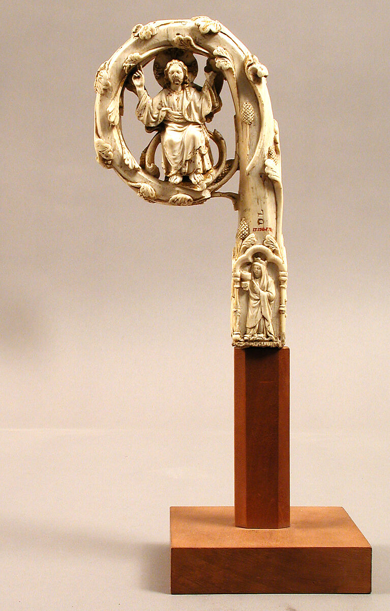 Crozier Head with Double Enthroned Christ, Elephant ivory with traces of modern paint and gilding, Italian