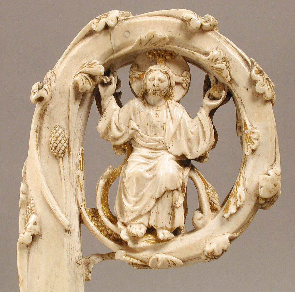 Crozier Head with Double Enthroned Christ, Elephant ivory with traces of modern paint and gilding, Italian