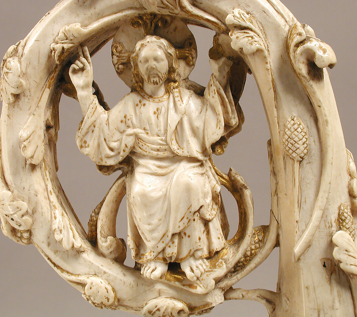 Crozier Head with Double Enthroned Christ, Elephant ivory with traces of modern paint and gilding, Italian