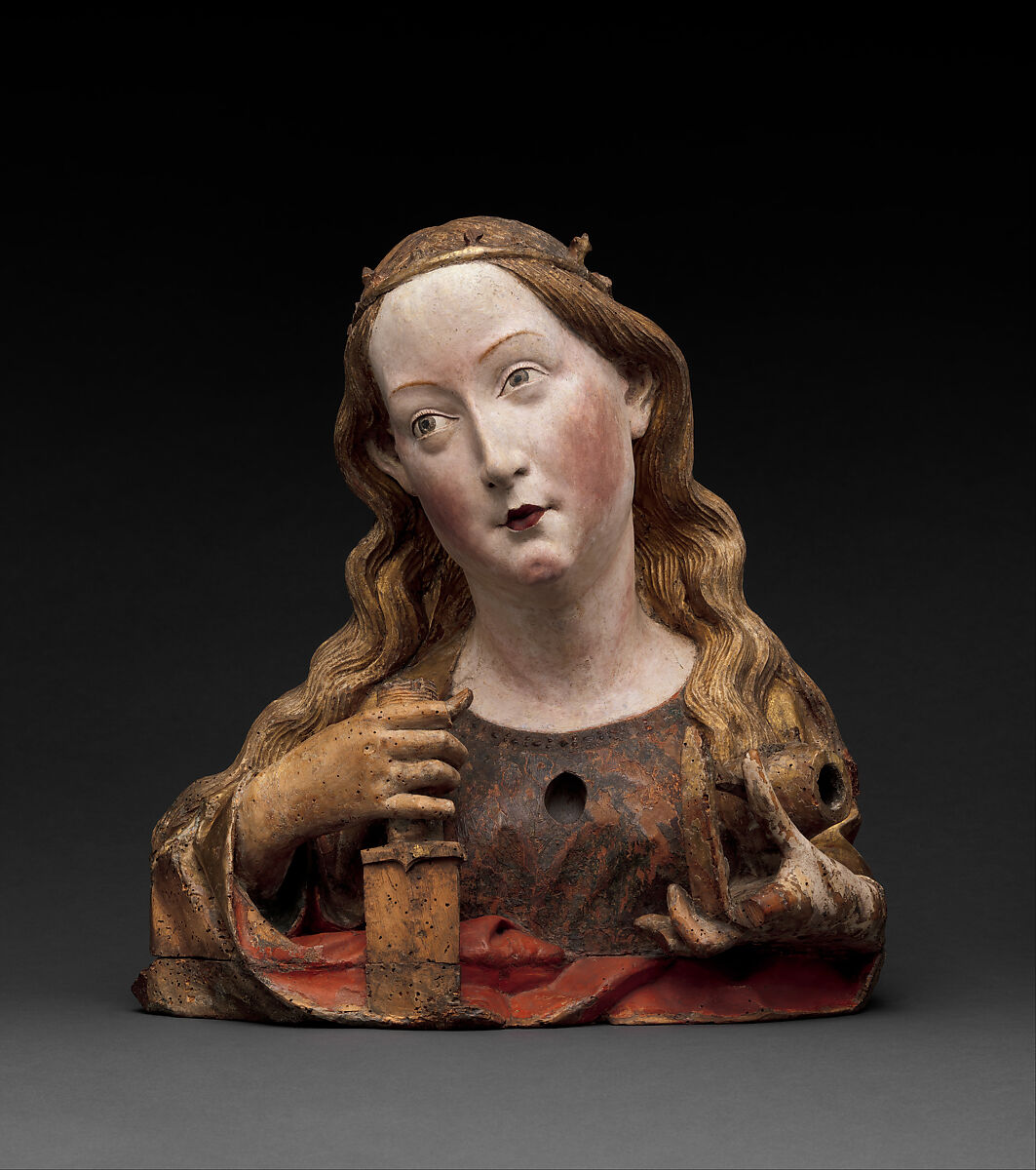 Reliquary Bust of Saint Catherine of Alexandria, Niclaus Gerhaert von Leyden  North Netherlandish, Walnut with paint and gilding; limewood base, German