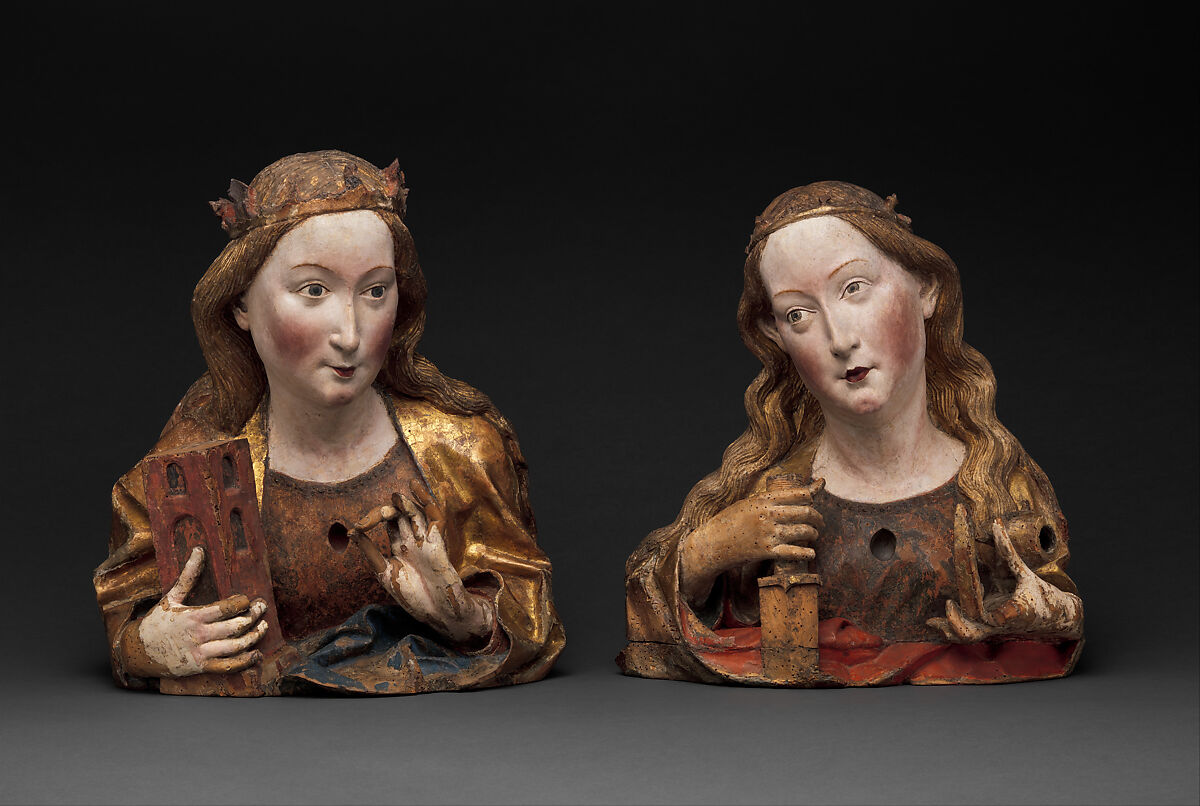 Reliquary Bust of Saint Catherine of Alexandria, Workshop of Niclaus Gerhaert von Leyden (North Netherlandish, active Strasbourg, ca. 1462–died 1473 Vienna), Walnut with paint and gilding; limewood base, German