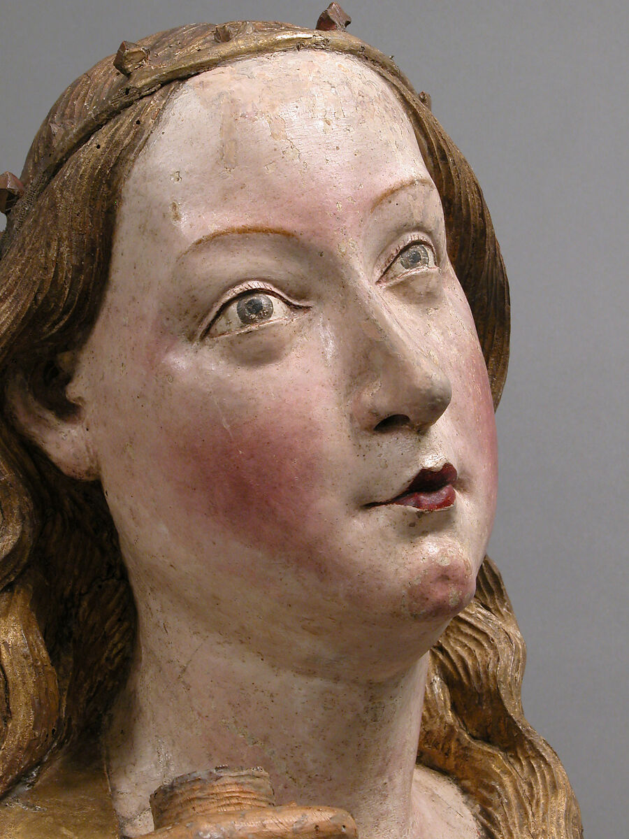 Reliquary Bust of Saint Catherine of Alexandria, Workshop of Niclaus Gerhaert von Leyden (North Netherlandish, active Strasbourg, ca. 1462–died 1473 Vienna), Walnut with paint and gilding; limewood base, German