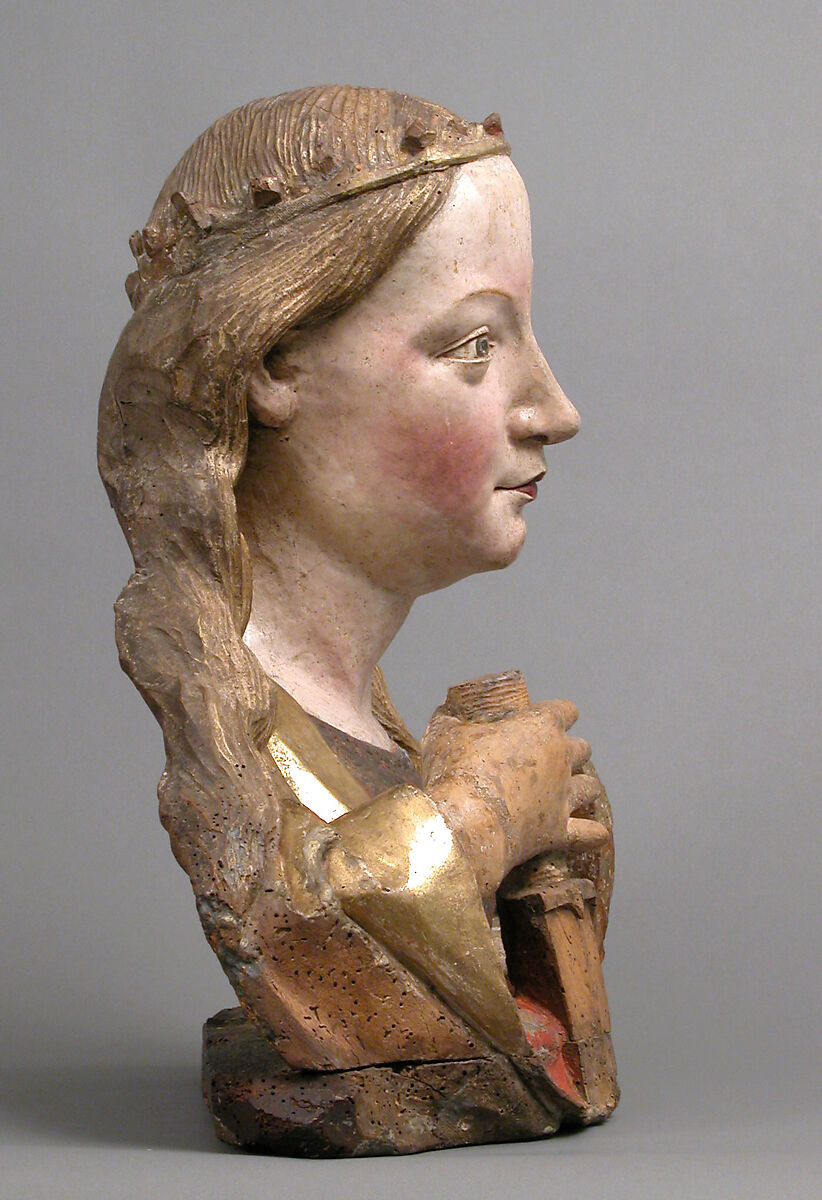 Reliquary Bust of Saint Catherine of Alexandria, Workshop of Niclaus Gerhaert von Leyden (North Netherlandish, active Strasbourg, ca. 1462–died 1473 Vienna), Walnut with paint and gilding; limewood base, German