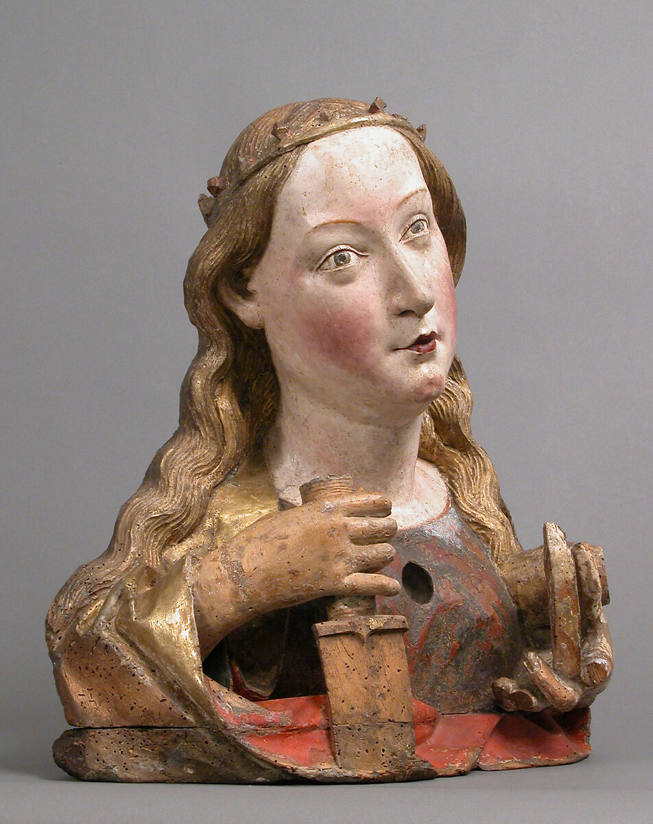 Reliquary Bust of Saint Catherine of Alexandria, Workshop of Niclaus Gerhaert von Leyden (North Netherlandish, active Strasbourg, ca. 1462–died 1473 Vienna), Walnut with paint and gilding; limewood base, German