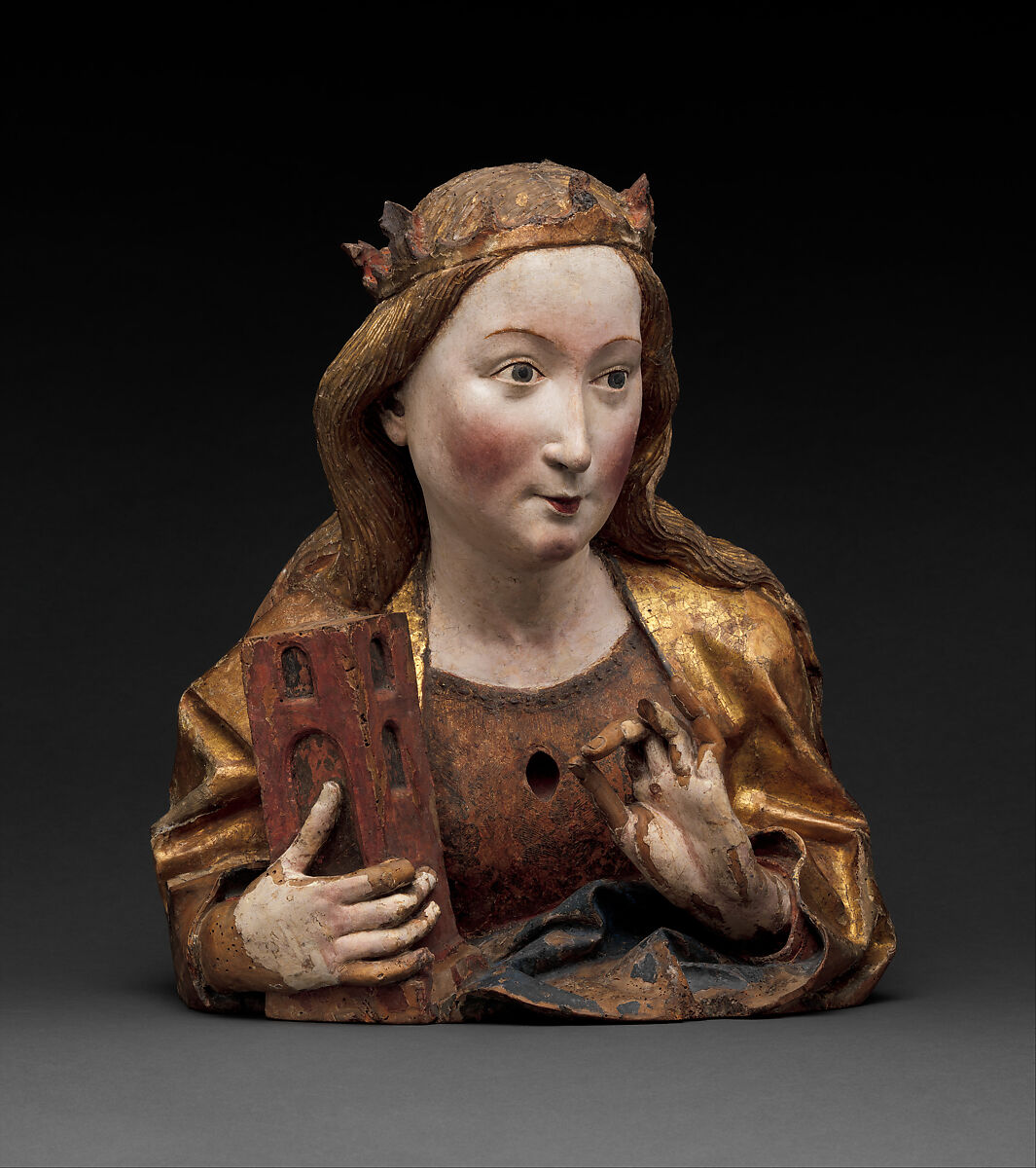 Reliquary Bust of Saint Barbara, Workshop of Niclaus Gerhaert von Leyden (North Netherlandish, active Strasbourg, ca. 1462–died 1473 Vienna), Walnut with paint and gilding, German 