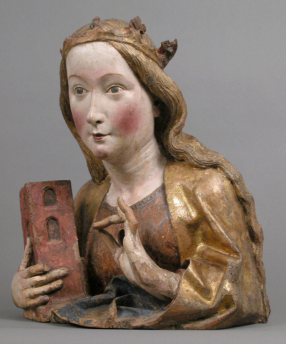 Reliquary Bust of Saint Barbara, Workshop of Niclaus Gerhaert von Leyden (North Netherlandish, active Strasbourg, ca. 1462–died 1473 Vienna), Walnut with paint and gilding, German