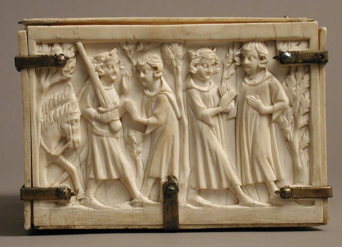 Box with scenes from the Romance, "The Chatelaine of Vergy", Elephant ivory with gilded Silver mounts, French