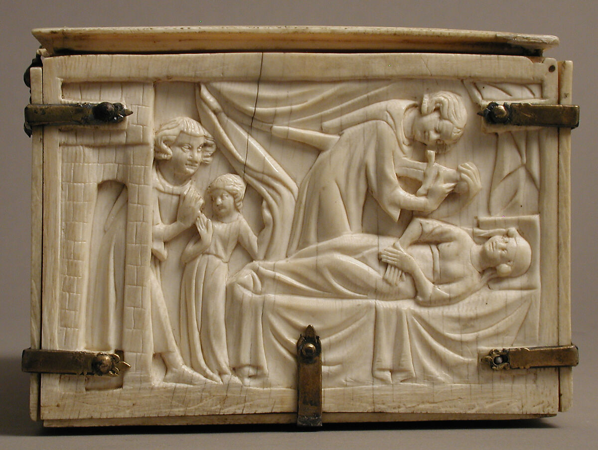 Box with scenes from the Romance, "The Chatelaine of Vergy", Elephant ivory with gilded Silver mounts, French
