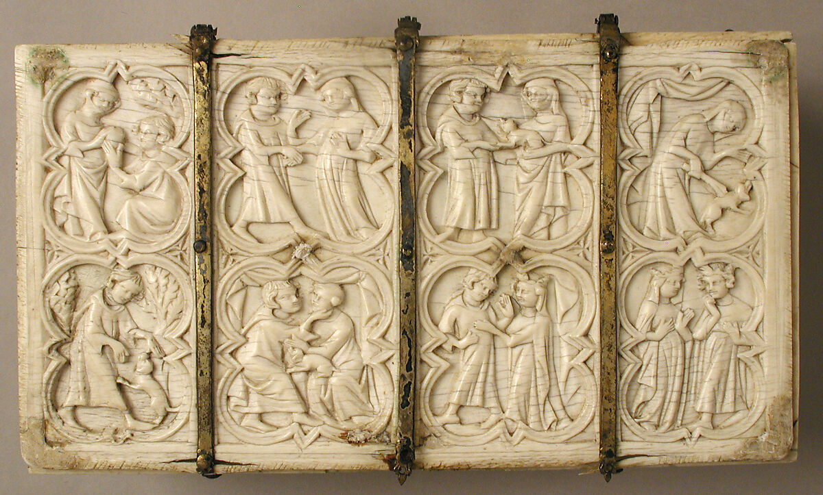 Box with scenes from the Romance, "The Chatelaine of Vergy", Elephant ivory with gilded Silver mounts, French