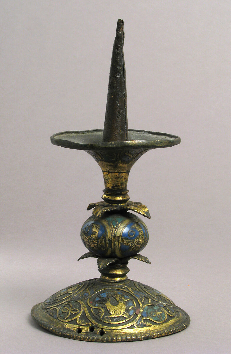 Pricket Candlestick with Birds, Vines, and Leaves, Champlevé enamel, copper-gilt, German 