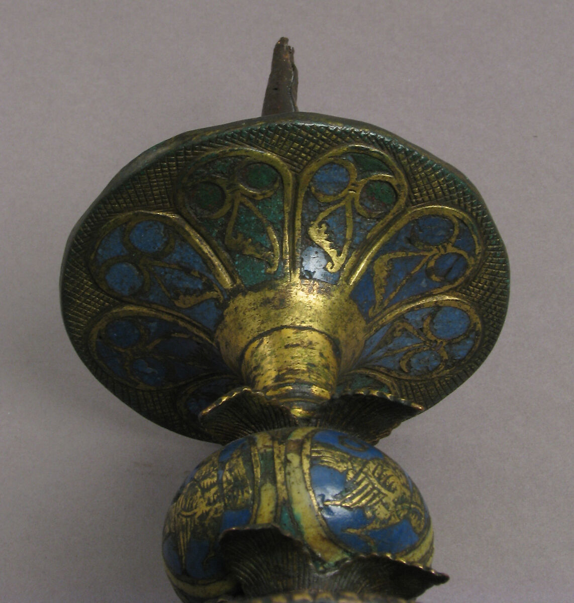 Pricket Candlestick with Birds, Vines, and Leaves, Champlevé enamel, copper-gilt, German