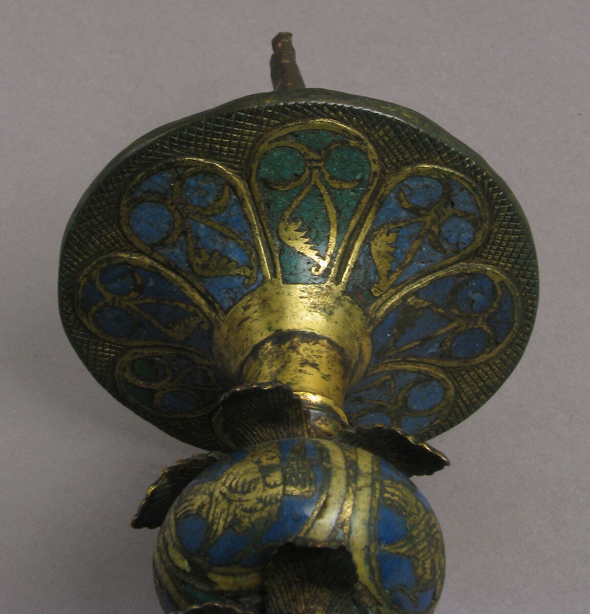 Pricket Candlestick with Birds, Vines, and Leaves, Champlevé enamel, copper-gilt, German